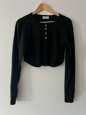 Belen Black Cropped Long-Sleeve Henley with Puff Shoulders